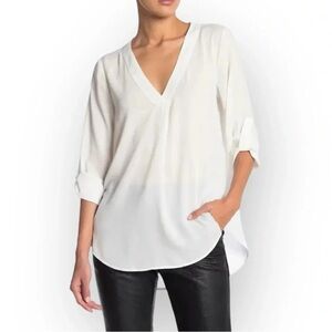 Lush White V-Neck Roll Tab Sleeve Blouse